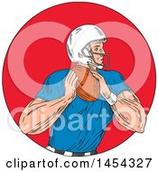 Poster, Art Print Of Sketched Drawing Of An American Football Player Quarterback Ready To Throw A Ball In A Red Circle