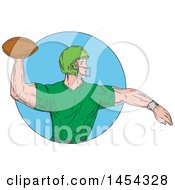 Poster, Art Print Of Sketched Drawing Of An American Football Player Quarterback In A Green Uniform Throwing A Ball In A Blue Circle