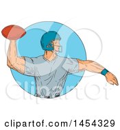Poster, Art Print Of Sketched Drawing Of An American Football Player Quarterback Throwing A Ball In A Blue Circle