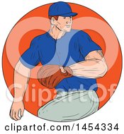 Clipart Graphic Of A Retro Sketched Drawing Male Baseball Player Pitching In An Orange Circle Royalty Free Vector Illustration