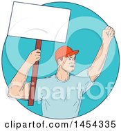 Poster, Art Print Of Sketched Drawing Of A Male Protester Union Worker Activist Holding Up A Blank Sign In A Blue Circle
