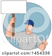 Poster, Art Print Of Sketched Drawing Of A Male Protester Union Worker Holding Up A Blank Sign In A Blue Circle