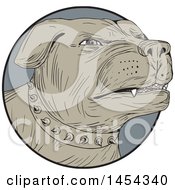 Clipart Graphic Of A Sketched Drawing Of An Aggressive Rottweiler Dog Wearing A Spiked Collar In A Gray Circle Royalty Free Vector Illustration