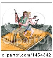 Clipart Graphic Of A Watercolor Styled Scene Of A Couple On Top Of A Van Fighting Zombies Royalty Free Vector Illustration by patrimonio