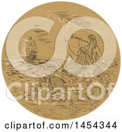 Clipart Graphic Of A Sketched Drawing Of Siren Mermaids Calling To A Tall Ship At Sea Royalty Free Vector Illustration by patrimonio