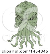 Poster, Art Print Of Sketched Drawing Green Sea Monster Head With Tentacles