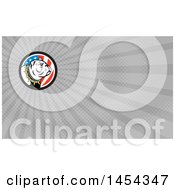 Poster, Art Print Of Cartoon White Bulldog Wearing A Spiked Collar In An American Themed Circle And Gray Rays Background Or Business Card Design