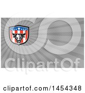 Clipart Of A Low Polygon Style Bull Head Over An American Themed Shield And Gray Rays Background Or Business Card Design Royalty Free Illustration