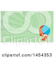 Clipart Of A Retro Man Atlas Kneeling And Carrying A Blue And Orange Globe And Green Rays Background Or Business Card Design Royalty Free Illustration