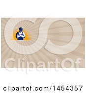 Clipart Of A Retro Male Farmer With Folded Arms Looking To The Side Over A Sun Burst And Brown Rays Background Or Business Card Design Royalty Free Illustration