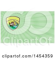 Clipart Of A Retro Man Holding Out A Coffee Mug And Reeling In A Hooked Salmon Fish In A Shield And Green Rays Background Or Business Card Design Royalty Free Illustration