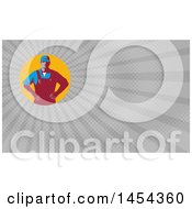 Clipart Of A Retro Male Farmer With Hands On His Hips In An Orange Circle And Gray Rays Background Or Business Card Design Royalty Free Illustration
