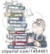 Cartoon Stressed White Business Man At A Desk Looking Up At A Stack Of Binders And Books