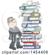 Poster, Art Print Of Cartoon White Business Man By A Giant Stack Of Books Binders And Paperwork