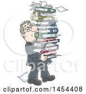 Cartoon White Business Man Carrying A Stack Of Books Binders And Paperwork