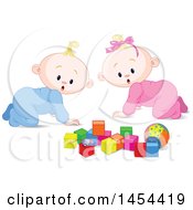 Poster, Art Print Of Cute Surprised Or Curious Blond Caucasian Babies Looking At Blocks