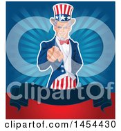Poster, Art Print Of Pointing Uncle Sam In An American Suit Over A Blank Banner And Rays