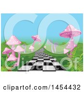 Poster, Art Print Of Checkered Wonderland Path Leading Through Pink Mushrooms And Ferns