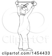Clipart Graphic Of A Cartoon Black And White Lineart Male Worker Using A Tape Measure Royalty Free Vector Illustration