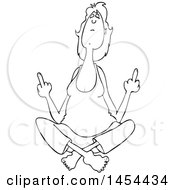 Clipart Graphic Of A Cartoon Black And White Lineart Woman In The Lotus Meditation Pose Holding Up Two Middle Fingers Royalty Free Vector Illustration
