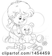 Poster, Art Print Of Cartoon Black And White Lineart Girl Playing With A Teddy Bear