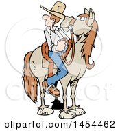 Clipart Graphic Of A Cartoon Horseback Caucasian Cowboy Looking Back Royalty Free Vector Illustration
