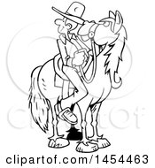 Clipart Graphic Of A Cartoon Black And White Lineart Horseback Cowboy Looking Back Royalty Free Vector Illustration