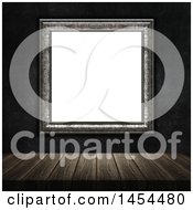 Poster, Art Print Of 3d Blank Picture Frame On A Dark Wall Over A Wood Table