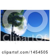 Clipart Graphic Of A 3d Silhoeutted Boy Leaning Against A Tree Against A Full Moon In A Sunset Or Sunrise Sky Royalty Free Illustration