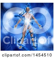 Clipart Graphic Of A 3d Medical Anatomical Male With Visible Muscles Over A DNA Strand Background Royalty Free Illustration