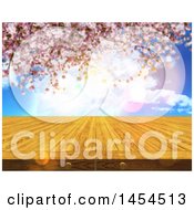 Poster, Art Print Of 3d Wooden Table Surface Against A Blurred Cherry Blossom Background