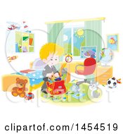 Clipart Graphic Of A Happy Blond Caucasian School Boy Packing Items In His Backpack Royalty Free Vector Illustration