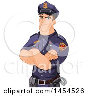 Clipart Graphic Of A Handsome Brunette Caucasian Male Police Officer With Folded Arms Royalty Free Vector Illustration