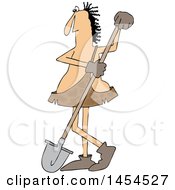 Clipart Graphic Of A Cartoon Caveman Worker Leaning On A Shovel Royalty Free Vector Illustration