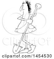 Clipart Graphic Of A Cartoon Black And White Lineart Caveman Worker Leaning On A Shovel Royalty Free Vector Illustration