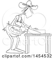 Clipart Graphic Of A Cartoon Black And White Lineart Moose Carpenter Using A Saw Royalty Free Vector Illustration