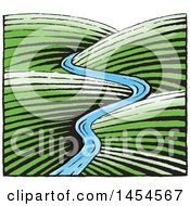 Poster, Art Print Of Sketched River Through Hills
