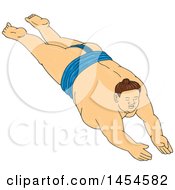 Clipart Graphic Of A Drawing Sketch Styled Diving Sumo Wrestler Royalty Free Vector Illustration