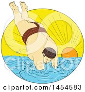 Poster, Art Print Of Drawing Sketch Styled Sumo Wrestler Diving Into The Sea Against A Sunset