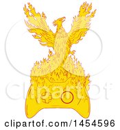 Clipart Graphic Of A Drawing Sketch Styled Rising Flaming Phoenix On A Video Game Controller Royalty Free Vector Illustration