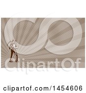 Poster, Art Print Of Retro Brown And White Woodcut Male Farmer Holding A Scythe And Brown Rays Background Or Business Card Design