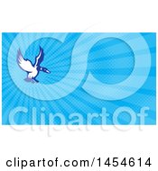 Poster, Art Print Of Retro Blue And White Mallard Duck Flying And Blue Rays Background Or Business Card Design