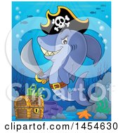 Poster, Art Print Of Cartoon Pirate Captain Shark Holding A Sword By A Sunken Treasure Chest