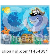 Poster, Art Print Of Cartoon Pirate Captain Shark Holding A Sword By A Sunken Ship And Treasure Chest