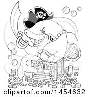 Clipart Graphic Of A Cartoon Black And White Pirate Captain Shark Holding A Sword And Sitting On Treasure Royalty Free Vector Illustration