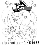 Clipart Graphic Of A Cartoon Black And White Pirate Captain Shark Holding A Sword Royalty Free Vector Illustration