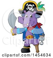Poster, Art Print Of Cartoon Hippo Captain Pirate Holding A Sword