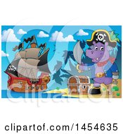 Poster, Art Print Of Cartoon Hippo Captain Pirate Holding A Sword By A Treasure Chest On An Island