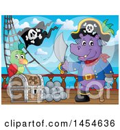 Poster, Art Print Of Cartoon Hippo Captain Pirate Holding A Sword By A Treasure Chest On A Ship Deck