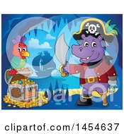 Poster, Art Print Of Cartoon Hippo Captain Pirate Holding A Sword By A Treasure Chest In A Cave
